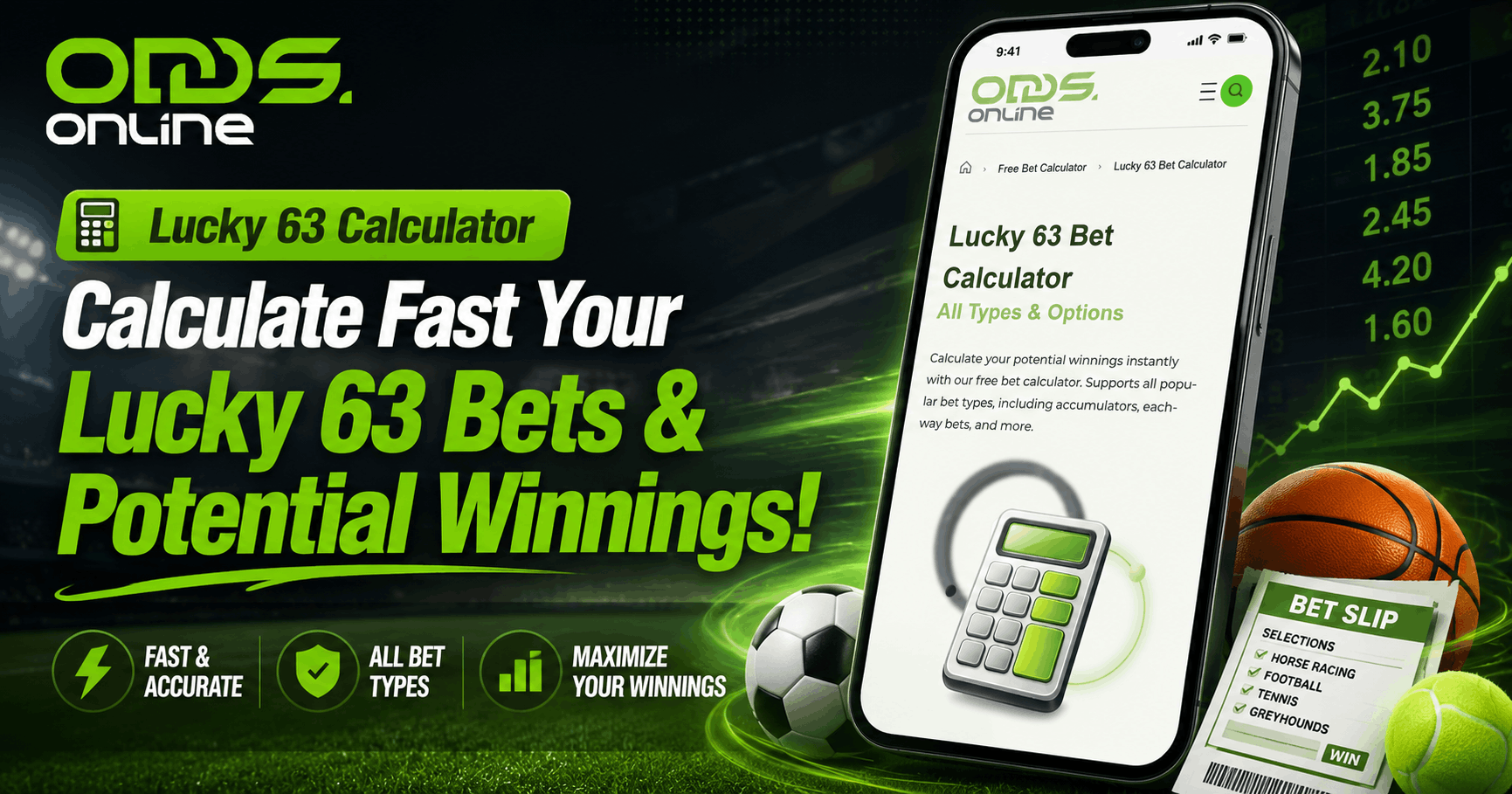 Odds Online promo banner: Lucky 63 Calculator; smartphone displays the calculator app beside a bet slip and sports graphics.