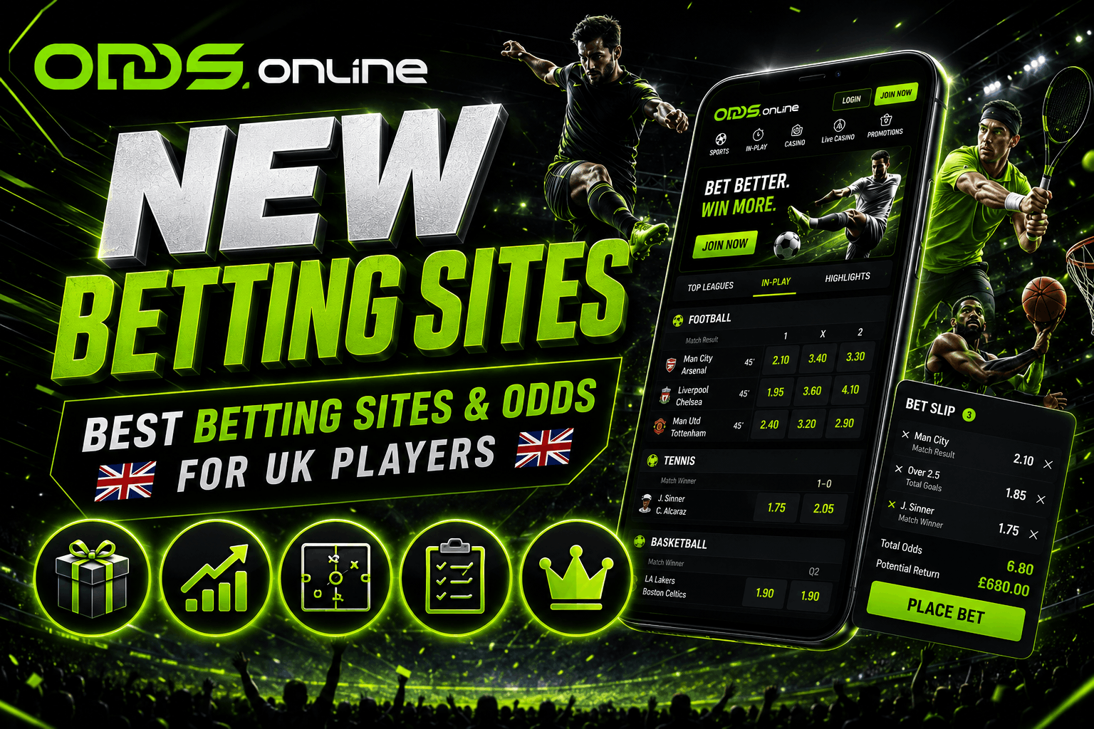 New Betting Sites - Best Betting Sites in the UK With Exclusive Bonuses and Free Bets | Odds.Online Promotional banner for new online betting sites showing bold text, UK flag, and a smartphone displaying betting odds.